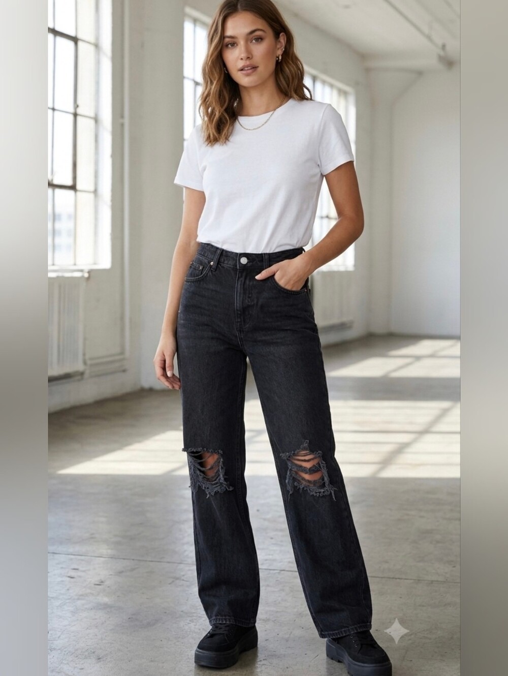 Wild Fable Black Holey Jeans Size 0 25 XS High Hi Rise Baggy Denim Pants Stretch